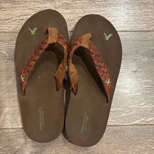 American Eagle Outfitters Brown Braided Leather Flip Flops with Green Accents